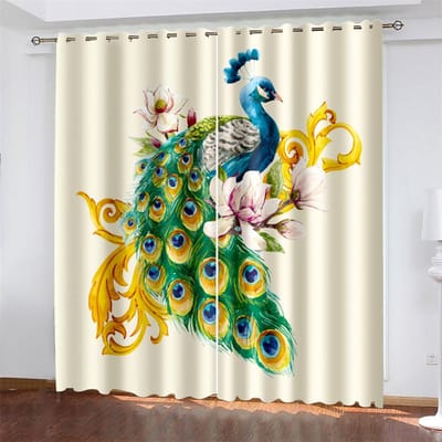 Blauwe Pauwenveer Raamgordijn Creatieve Witte Bloemen Vlinder Chinese Stijl Kunstprint Moderne Slaapkamer Huisdecoratie Gordijnen W60H60(CM)x2PCS&Grommet Top blue
