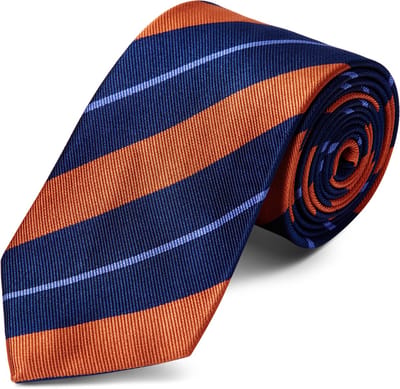 Oranje en Marineblauw Gestreepte 8 cm Brede Zijden Stropdas met Pastelblauw Accent