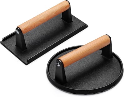 Burgerpers Gietijzer - Smasher Grill - Gelijkmatig Grillen - Geribbelde Bodem - Rond 17.5 cm - Zwart