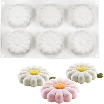 Siliconen Bakvorm - BPA-vrij - Bloemvorm - met 6 holtes - Herbruikbaar - 29.2x17x2.5cm - Bakaccessoire - voor zonnebloemtaartjes, ijs, chocolade, zeep en 3D-muffins - wit