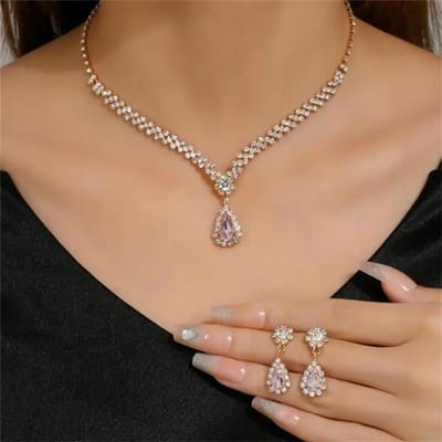Ensemble de bijoux de mariée 2 pièces pour femme, élégant, pendentif en forme de goutte d'eau, collier, boucles d'oreilles, robe de mariée beige