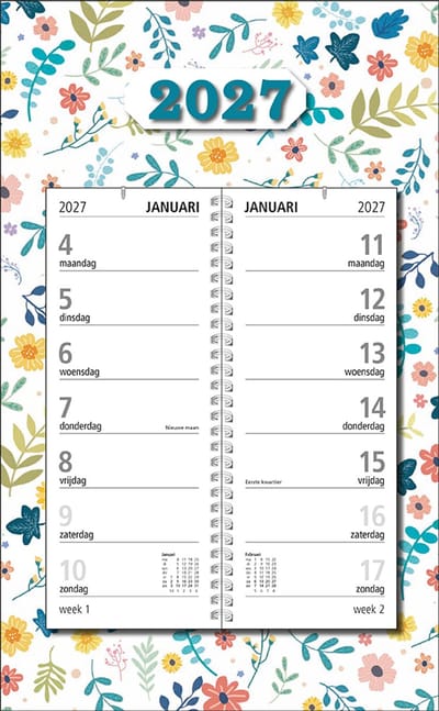 MGPcards - Omlegweekkalender 2027 - Week begint op maandag - 21 x 34 cm - Bloem - Wit