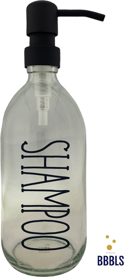 BBBLS® Design Dispenser "Shampoo" | Transparant Glas | 500ml | RVS / Metaal Pomp Zwart | Zeeppomp | Zeepdispenser | Zeephouder