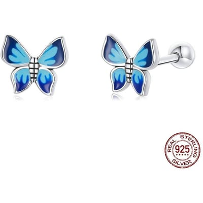 s925 Vlinder Stud Oorbellen Mode, Fris, Eenvoudig, Klein, Oliedruppels, Vlinder Meisjes Oorbellen blue