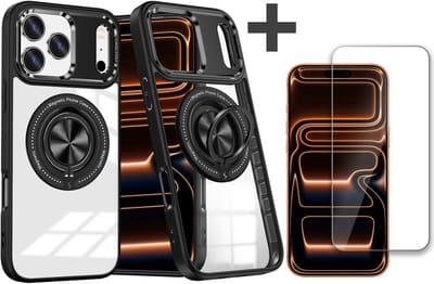 Hoesje Geschikt voor iPhone 17 Pro Max Arara hoesje voor Magsafe Transparant hard case - kickstand Draaibare Ring Houder met screenprotector - Zwart