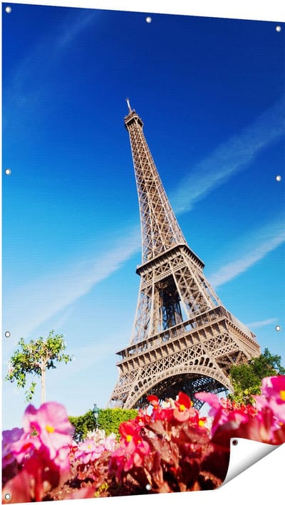 Gards Tuinposter Eiffeltoren in Parijs met Bloemen - 100x150 cm - Tuindoek - Tuindecoratie - Wanddecoratie buiten - Tuinschilderij