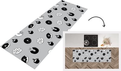 Keukenloper - Loper keuken - Donut - Patronen - Koffie - Zwart Wit - 150x50 cm - Keukenloper vinyl
