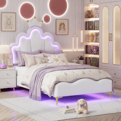 Kinderbed 90x200 cm, eenpersoonsbed met lattenbodem en ledverlichting, gestoffeerd bed met wolkvormig hoofdeinde, prinsessenbed, kroonbed, PU wit