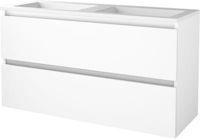 Basic Start 46 badmeubelset met greeploze onderkast met 2 lades en acryl wastafel zonder kraangaten 120 x 46 cm, ice white