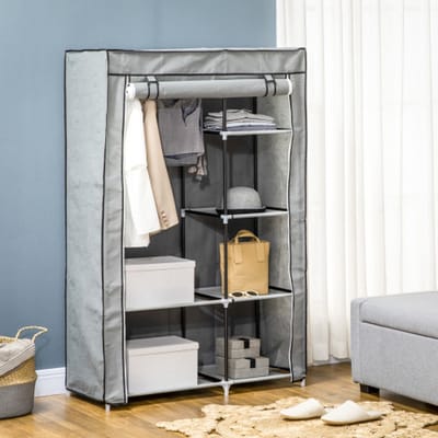 Stoff-Kledingkast-6-Vakken-103x43x162.5cm-Grijs-Vouwbare-Garderobekast-Met-Kledingroede-Ruimtebesparende-Opbergkast-Slaapkamer-Hal