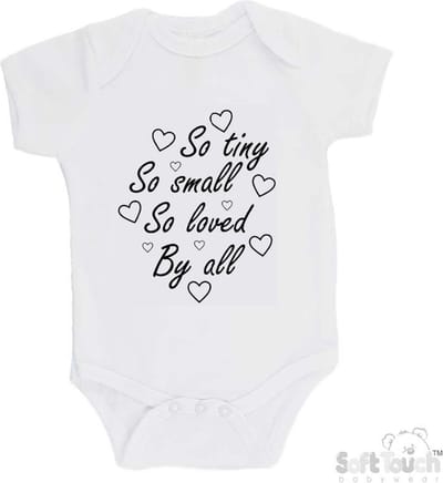 100% katoenen Romper "So Tiny So small So loved By all" Unisex Katoen Wit/zwart Maat 62/68