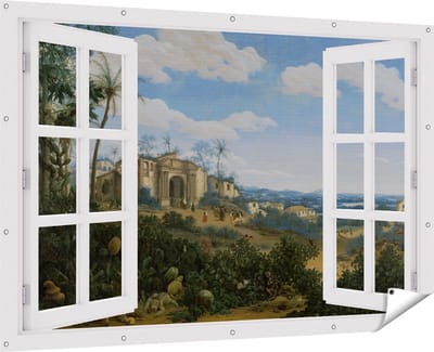 Gards Tuinposter Doorkijk Gezicht op Olinda, Brazilië - Frans Jansz. Post - 180x120 cm - Tuindoek - Tuindecoratie - Wanddecoratie buiten - Tuinschilderij