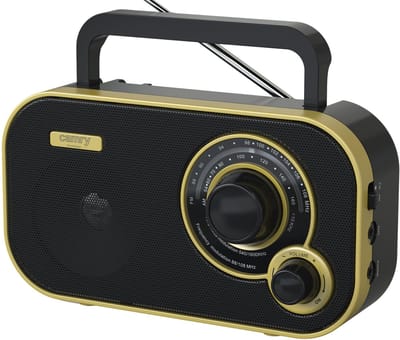 Draagbare Radio - Noodradio - Keukenradio - FM/AM - 2W Speaker - Retro radio - Netstroom & Batterij - Radio op batterijen - Zwart/Goud - Camry CR1910