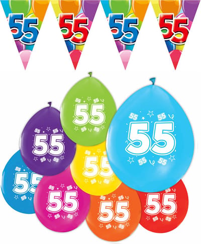 Feestpakket 55 jaar / 8 ballonnen en 1 vlaggenlijn 10 meter - Versiering Slinger Feestdecoratie Decoratie Verjaardag Jubileum Ballon Feest
