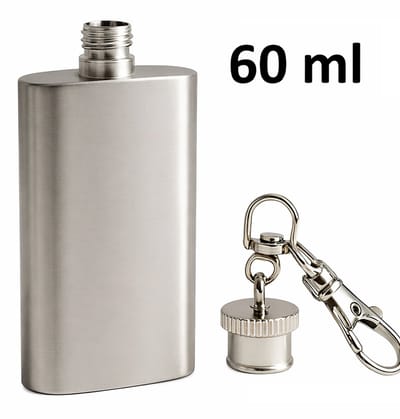 Heupfles Geborsteld RVS I Drankflacon I Zakflacon I Draagbaar I Campeerfles I Lekvrij I 60 ML I Schroefdop en Sleutelhanger I Zilver