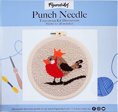 Figured'Art Punch Needle Kit voor Volwassenen en Kinderen - Rood Roodborstje - Perfect voor Beginners. Compleet klaar-om-te-borduren set, maat 20x20 cm met ronde frame