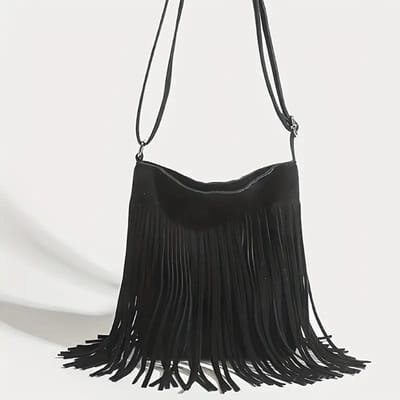 Lichte Crossbody Tas met Kwastjes, Voorzien van een Verstelbare Riem black