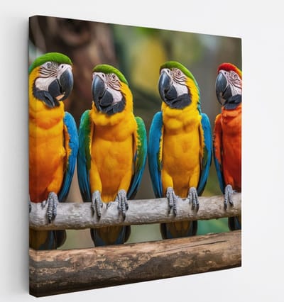 Saammp Canvas Schilderij - 4 papegaaien op tak - Dieren - Bloemen - 20x20 - Foto op canvas - Wanddecoratie - muurdecoratie Woonkamer - Slaapkamer decoratie - Canvas Print