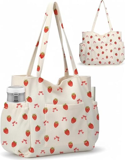 Ulisem - Grote Strandtas Dames XL - 38.5 x 36 cm - Corduroy Tote Bag - Shopper met Zijvakken & Rits - Grote Capaciteit voor Handdoek & Zonnebrand - Voor Vakantie & Strand - aardbei