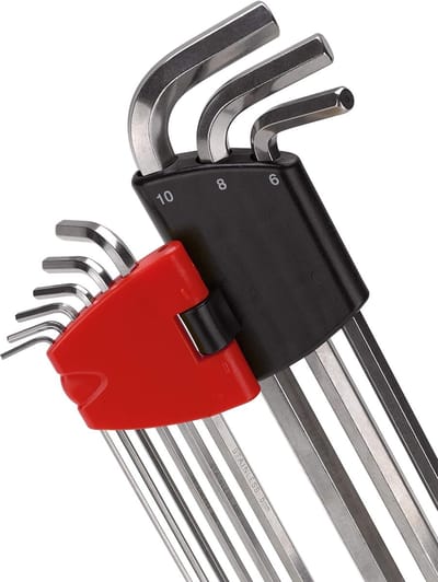 Kogelkopschroevendraaier Set - Inbussleutel Set - Precisie Werk - Praktische Klaphouder - 9 Delig Extra Lang - Zilver Rood Zwart