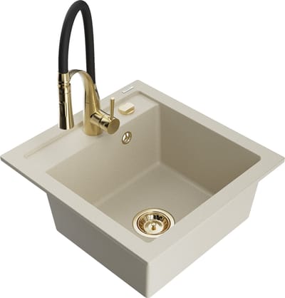 Mexen Vito granieten spoelbak 1-komers met keukenmengkraan Aster, beige - 6503-69-73450-57-G
