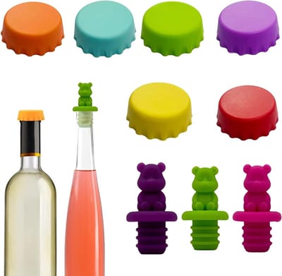 Set van 9 Herbruikbare Siliconen Flessendoppen in Kleurrijke Stijl voor Wijn- en Bierflessen, Perfect voor Bewaren en Vershouden
