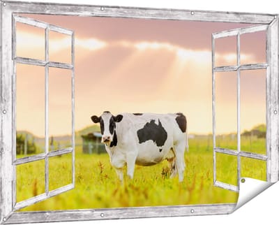 Gards Tuinposter Doorkijk Zwart Wit Koe in de Wei bij Zonsopkomst - 150x100 cm - Tuindoek - Tuindecoratie - Wanddecoratie buiten - Tuinschilderij