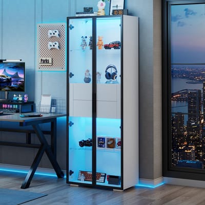 BLACKCOLORS 60*40*160 cm kast, vitrinekast met deur van gehard glas, vitrinekast met LED-verlichting, 2 glazen planken, 2 lades, highboard, woonkamerkast, opbergkast, hoge kast, bankkast, wit