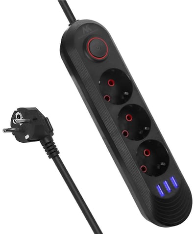 Maclean MCE394 B - Stekkerdoos - verlengkabel 1,5m met 3 stopcontacten + 3xUSB, 110-240V AC 50/60Hz, 2,1A max 2500W - Zwart