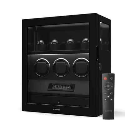 Klarstein SecureTouch Horlogeopwinder voor 7 horloges – Automatisch met vingerafdrukvergrendeling, Japanse motor, LCD-display & afstandsbediening, 41 TPD-instellingen, LED-verlichting & sieradenlade