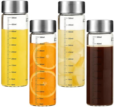 Dailygoods- Glazen Flessen 500 ml - Set van 4 - Roestvrij Stalen Deksel - Herbruikbaar - BPA-vrij - Met Maatschaal - Drankflessen