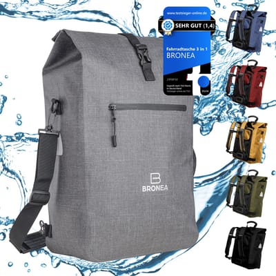 BRONEA® LUXE 3 in 1 Fietstas | PVC-vrij - Milieuvriendelijk ! | 100% Waterdicht | 28 Ltr | Combi Rugzak - Ergonomisch gepolsterd & Schoudertas & Laptop compartiment | Quick-release montage - PAST ALTIJD | GRIJS