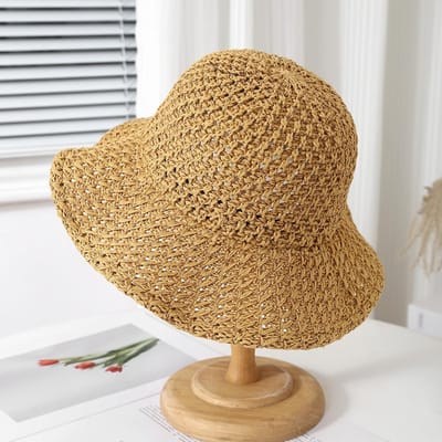 Chapeau seau japonais simple couleur unie ajouré pour femme, été fin respirant, visière anti-soleil pliable, casquette de soleil Gorras 56-58cm brown