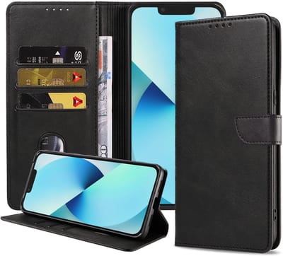 Geschikt voor iPhone 13 Mini Telefoonhoesje Kunstleer met Magnetisch lipje en Pasjeshouder Book Case met Klepje - Zwart - Smartphonica geschikt voor iPhone 13 Mini