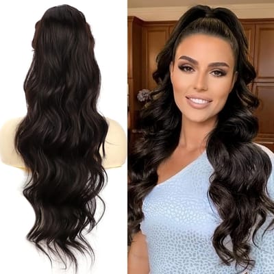 Lange Golvende Natuurlijke Zwarte Ponytail Haarstuk met Clip en Trekkoord, Perfect voor Vlechten en Afro Krullen