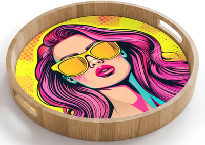 Dienblad rond 40x40 cm - Schootdienblad hout - Zonnebril - Vrouw - Zonnig - Geel - Borrelplank rechthoek - Plateau houten dienbladen