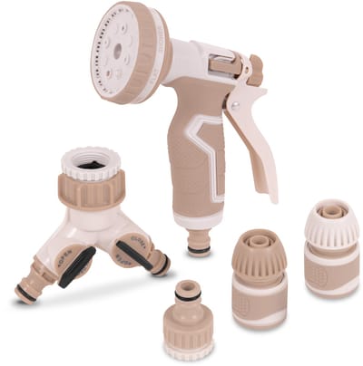 VONROC Broespistool – Multisproeier – 8 sproeistanden – incl. 2-weg waterverdeler en koppelingen – beige