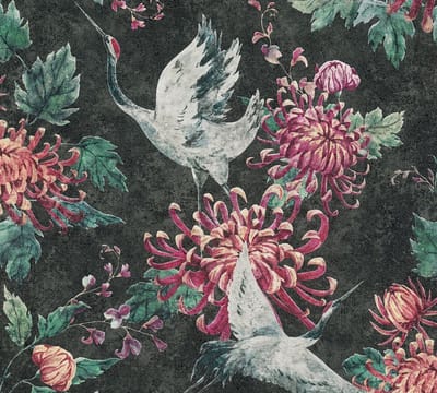 KRAANVOGEL BEHANG - zwart rood groen - AS Creation Asian Fusion