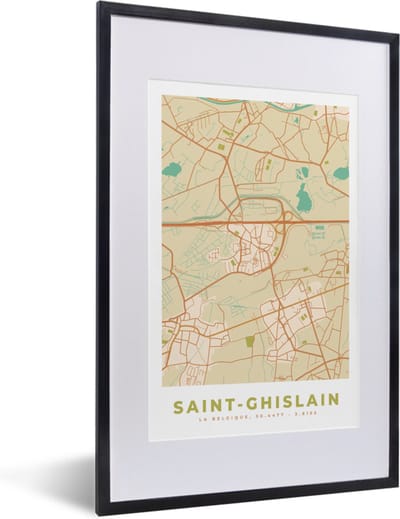 Fotolijst incl. Poster - Plattegrond - Kaart - Vintage - Stadskaart - Saint-Ghislain - 40x60 cm - Posterlijst