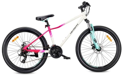 VERDANT CALIX Mountainbike 26", MTB-fiets voor dames en heren, fiets 6 inch - vering, schijfremmen, 21 versnellingen - Wit-Roze-Mintgroen