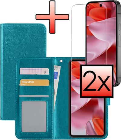 Hoesje - Met 2x Screenprotector - Geschikt voor Google Pixel 10 - Luxe Pasjeshouder - Bookcase Portemonee - Flip Case - Kunstleer Book Case - Flipcase Hoes - Book Cover - Walletcase - Portemonneehoes - Turquoise