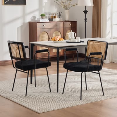 Eetkamerstoelen - 2 Stuks - Chenille Armleuningen Rattan - Houten Frame Verstelbare Poten - Zwart