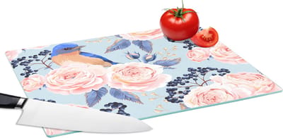 Glazen Snijplank - 39x28 - Patronen - Roos - Vogel - Blauw - Snijplanken Glas