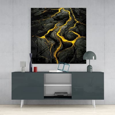 Glasschilderij - Lava - Abstract - Zwart - Goud - Vierkant Schilderij - 100x100x4 mm