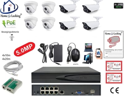 Home-Locking complete set PoE camera beveiligingssysteem met bewegingsdetectie camera's en NVR 8ch 8MP H265 met 4 bullet en 4 dome pvc camera's 1944P 5.0MP. CS-8-1456