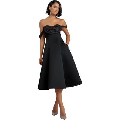 Shiny Chiffon Portefeuille Jurk met Bénitier Kraag Dames Goddiva Midi Bardot