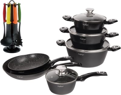 Cheffinger Pannenset Zwart - 16-delig - Inductie - Inclusief Kookgerei-set