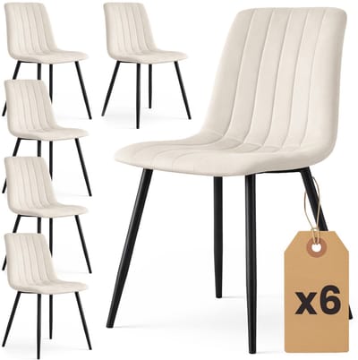 Set van 6 Eetkamerstoelen LIVO / Gestoffeerde Stoelen / Fluwelen Stoelen en Metalen Poten / Beige met zwarte benen