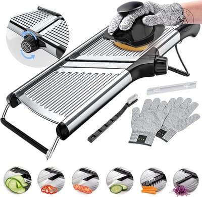 Velours Max® - Mandoline - Luxe Groentesnijder - RVS - Keukensnijder - Mandoline Groentesnijder - Mandoline Keukensnijder - Mandoline Roestvrij Staal - Verstelbare Snijdikte –Inclusief Veiligheidshandschoen & Handgreep –Vaatwasserbestendig