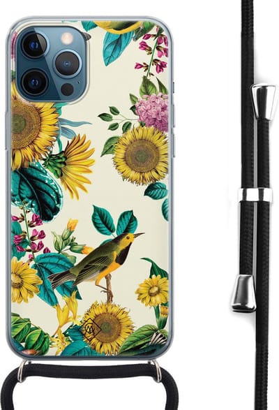 Casimoda® hoesje met koord - Geschikt voor iPhone 12 Pro Max - Zonnebloemen / Bloemen - Afneembaar koord - Siliconen/TPU - Geel